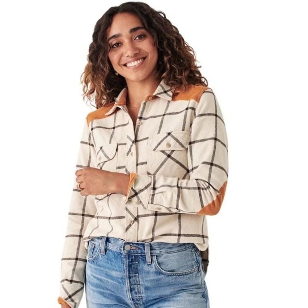 Faherty Daly Button-Up‎ Shirt Flannel Cream Plaid Elbow Patches Women's XS